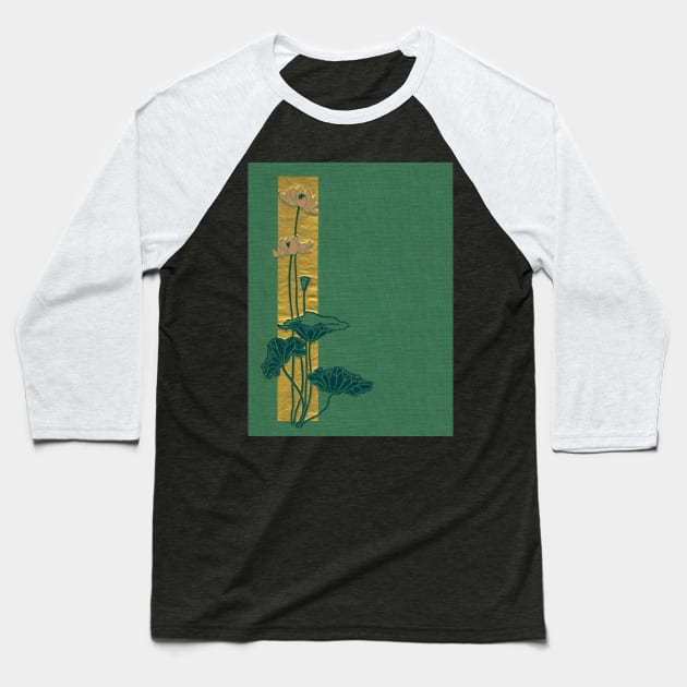 A vintage poetry book cover published in 1899, a minimalist design of pink water lilies on a green linen background, and a bar of hammered gold as an accent. Baseball T-Shirt by stevepaint